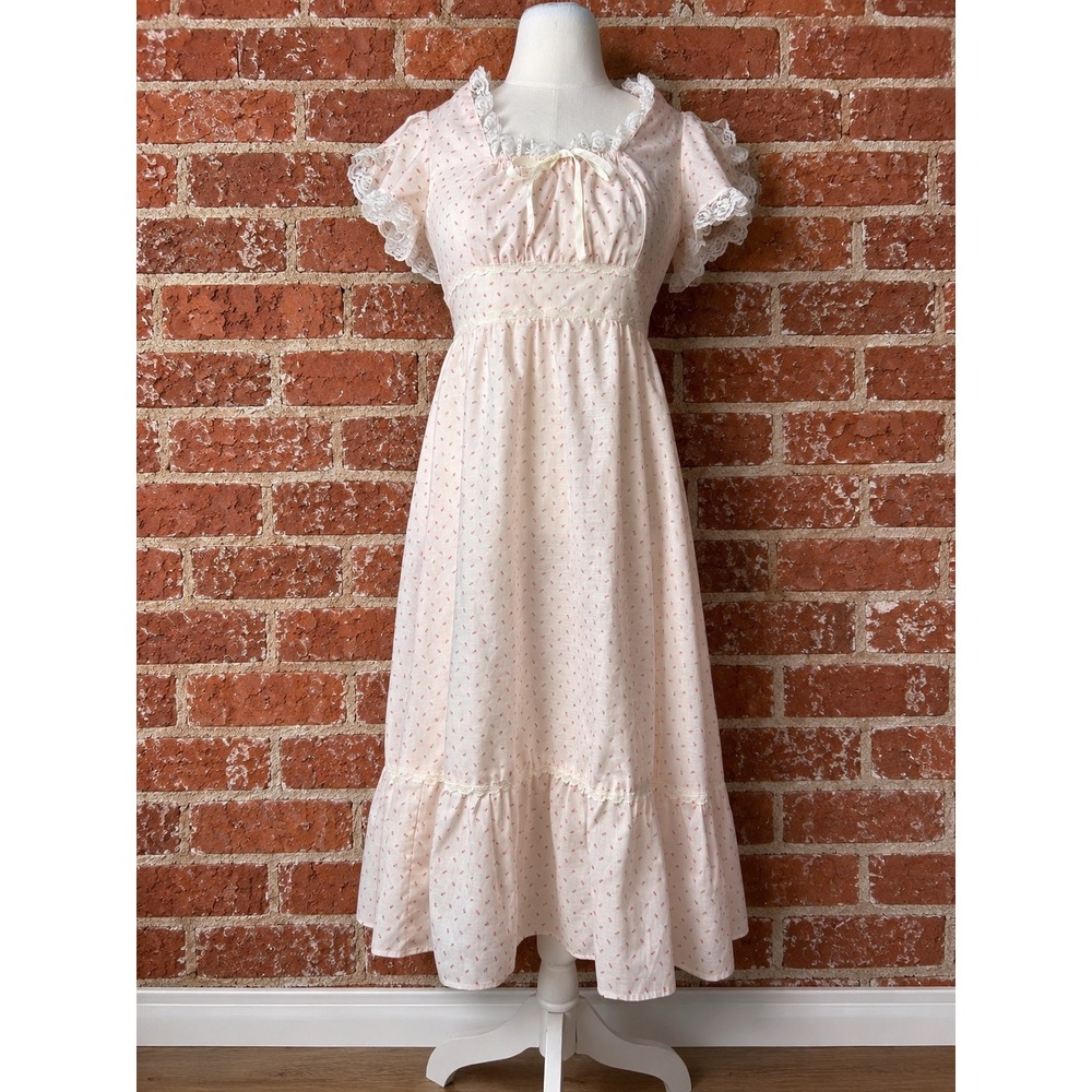 Vintage 70s Pink Floral Prairie Dress Empire Waist 5 Cottagecore Romantic Boho